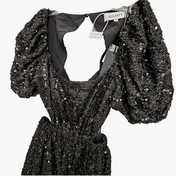 Elliatt Aubree Black Sequined Square Neck Knit Puffed Sleeve Cut Out Midi Dress - Picture 10 of 17
